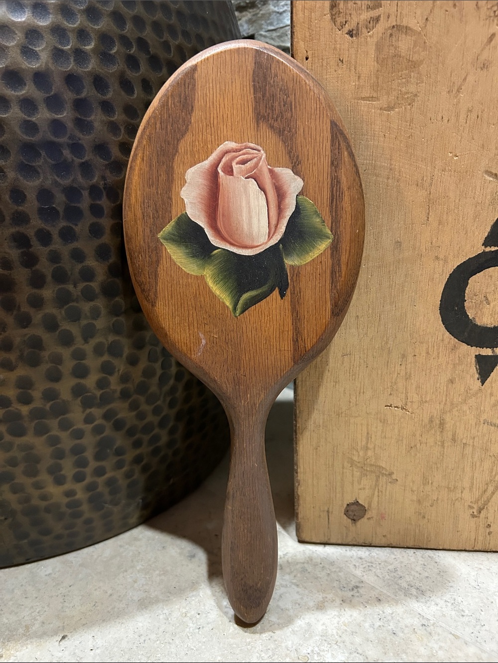 Vintage Hand-Painted Pink Rose Wooden Hand Mirror